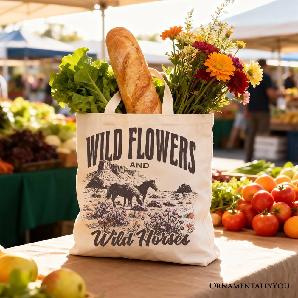 Wild Flowers and Wild Horses Canvas Tote Bag, Retro Western Gift for Free-Spirited Women