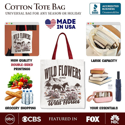 Wild Flowers and Wild Horses Canvas Tote Bag, Retro Western Gift for Free-Spirited Women