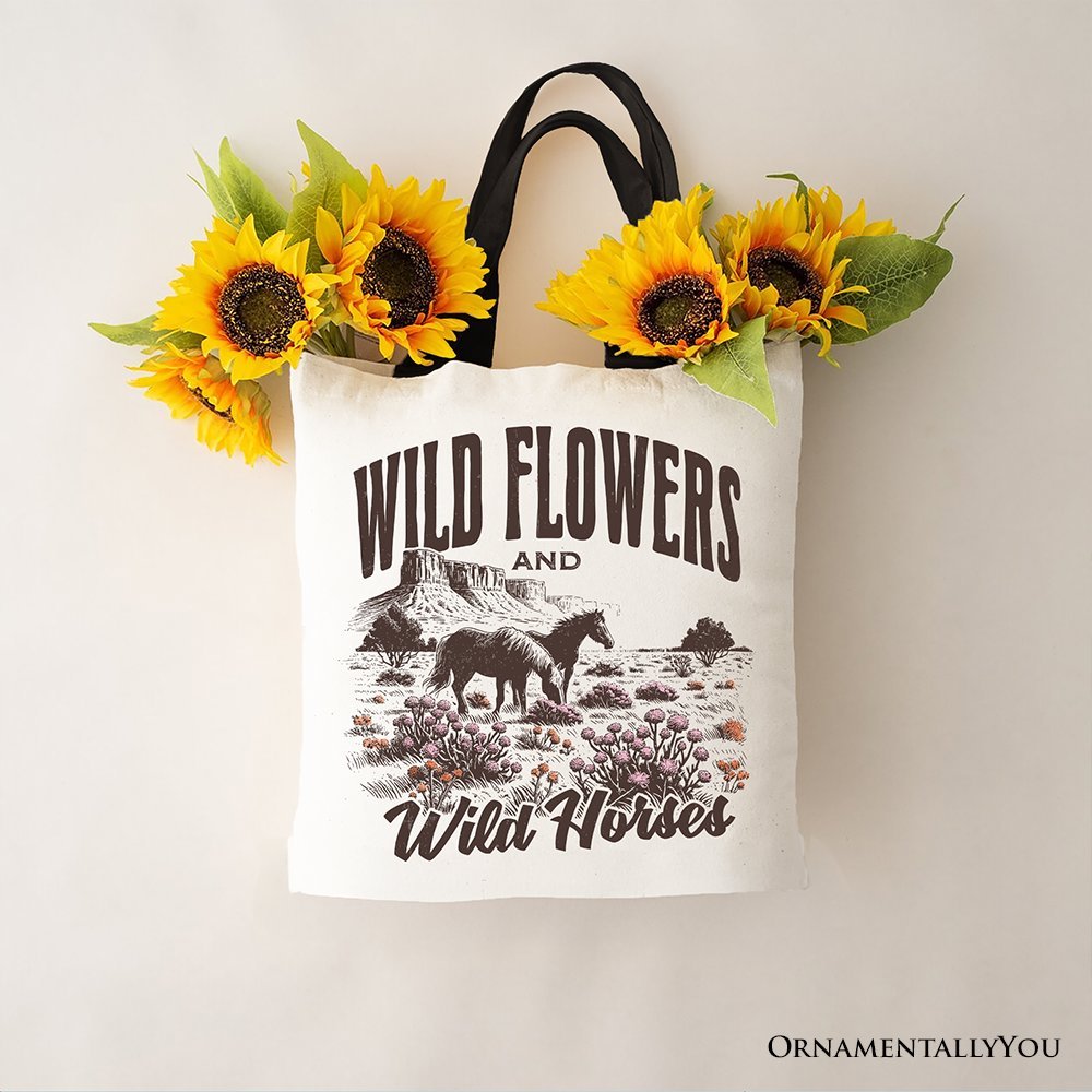 Wild Flowers and Wild Horses Canvas Tote Bag, Retro Western Gift for Free-Spirited Women