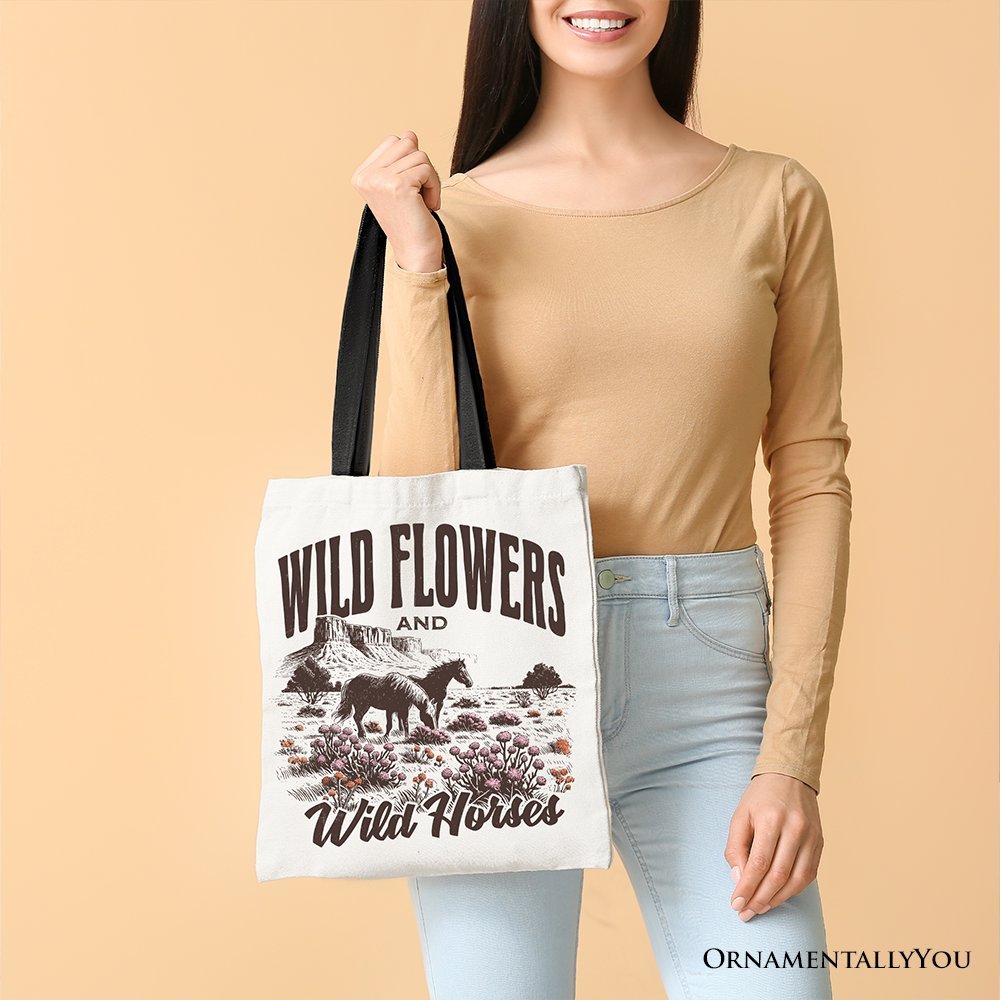 Wild Flowers and Wild Horses Canvas Tote Bag, Retro Western Gift for Free-Spirited Women