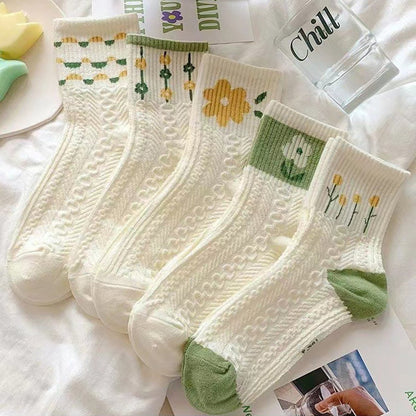 Women 5 Pairs Flowers Cotton Socks Comfort Casual Soft Fashion All Season Socks