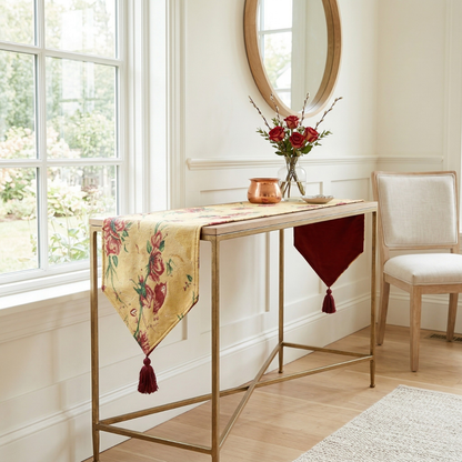 Tache Golden Woven Tapestry Table Runner - Red Roses & Hummingbirds (18115)