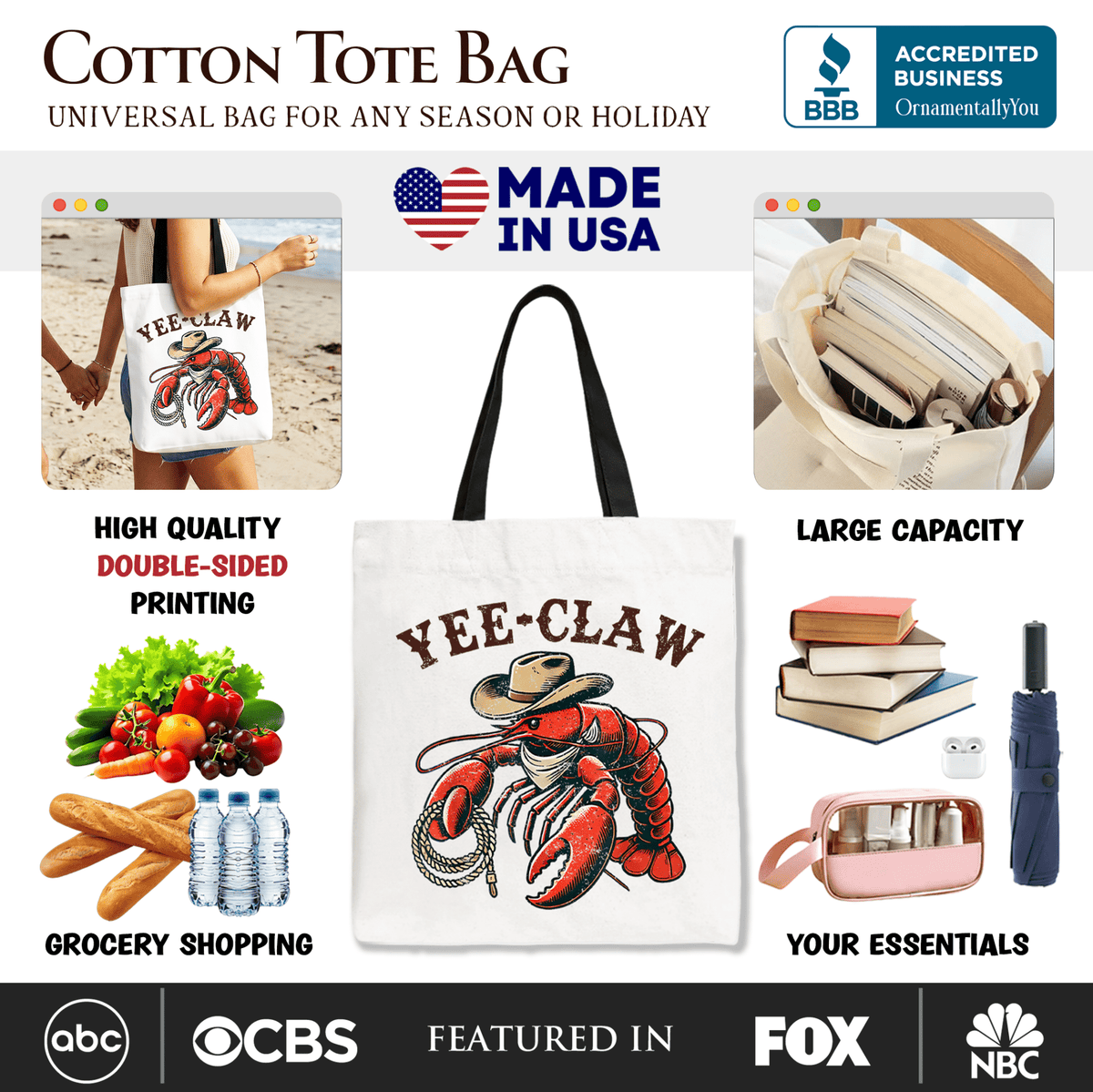 Yee Claw Lobster Western Tote Bag, Funny Cowboy Animal Gift Shopper