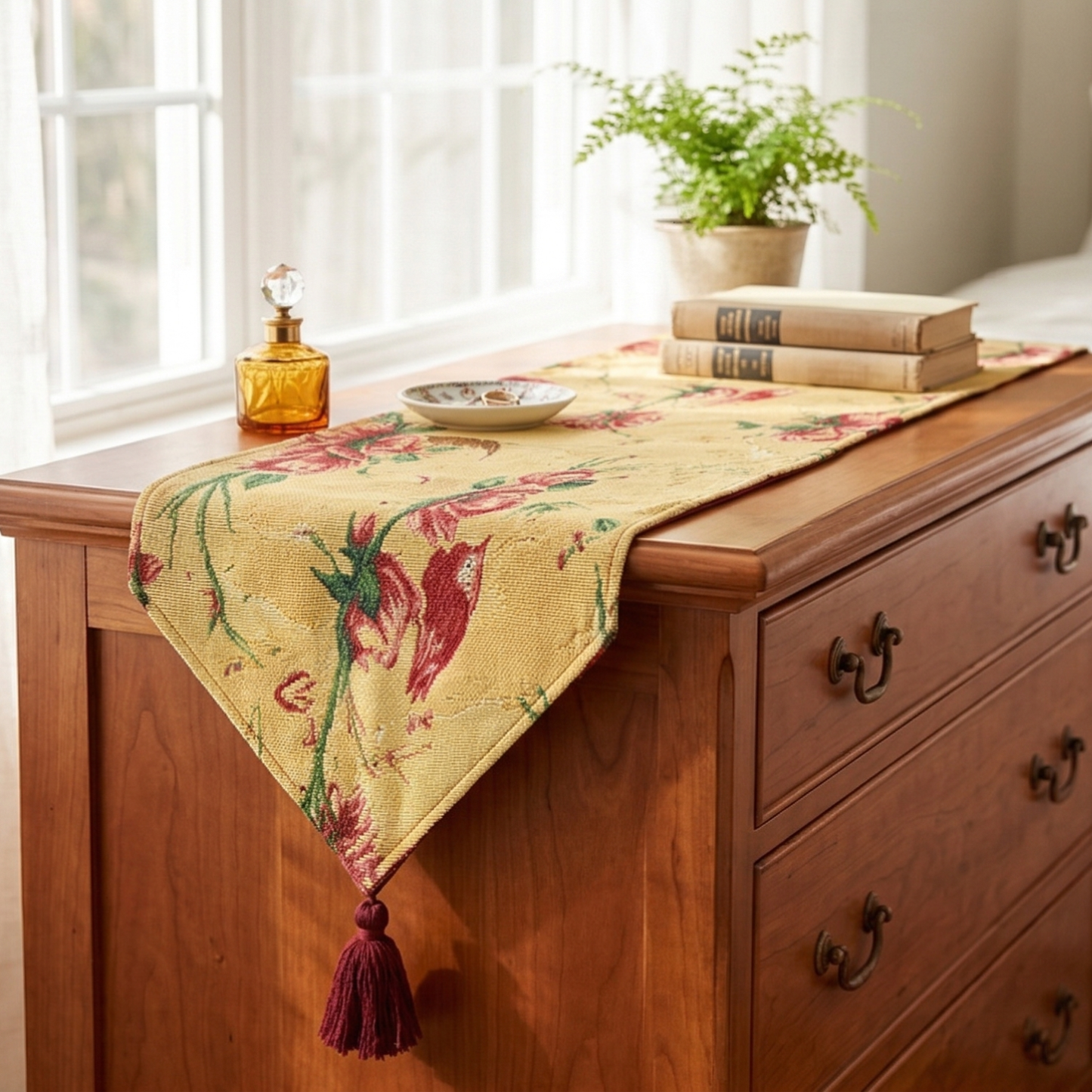 Tache Golden Woven Tapestry Table Runner - Red Roses & Hummingbirds (18115)