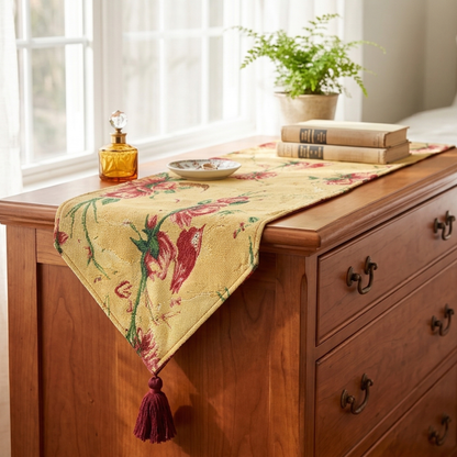 Tache Golden Woven Tapestry Table Runner - Red Roses & Hummingbirds (18115)