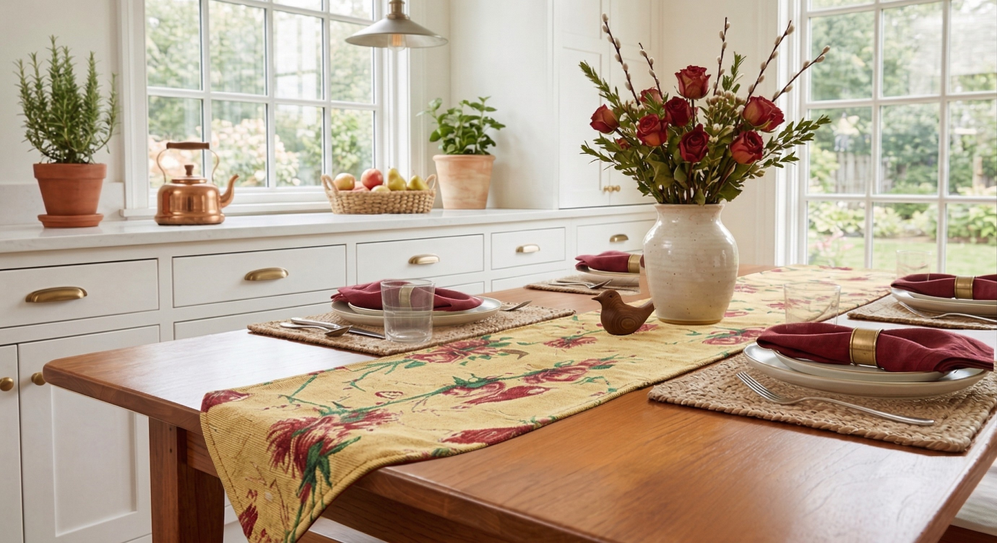 Tache Golden Woven Tapestry Table Runner - Red Roses & Hummingbirds (18115)