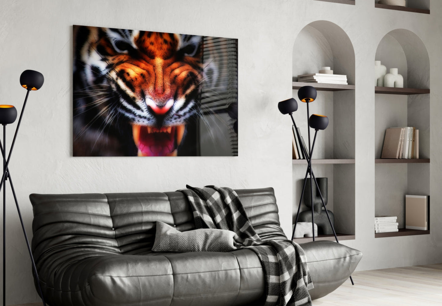 Snarling Tiger Closeup Amber Glass Wall Art