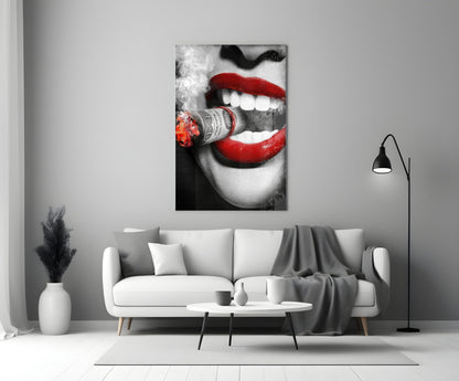 Red Lips Biting Burning Dollar Glass Wall Art