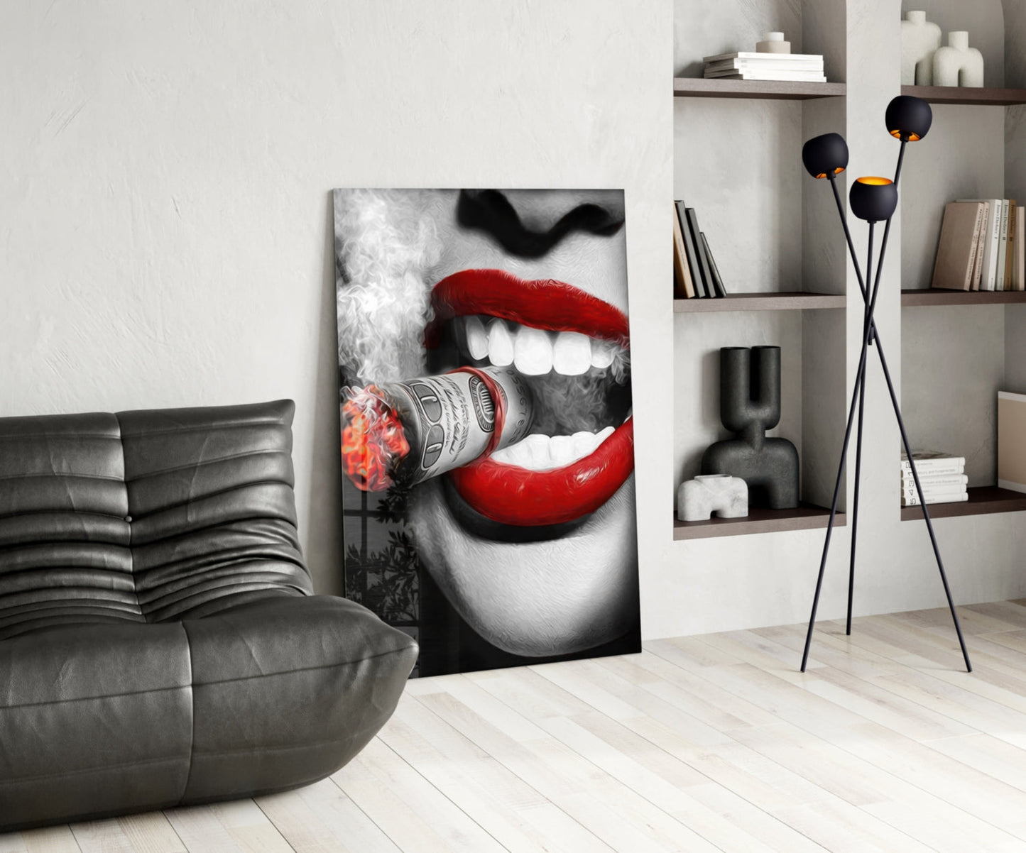 Red Lips Biting Burning Dollar Glass Wall Art
