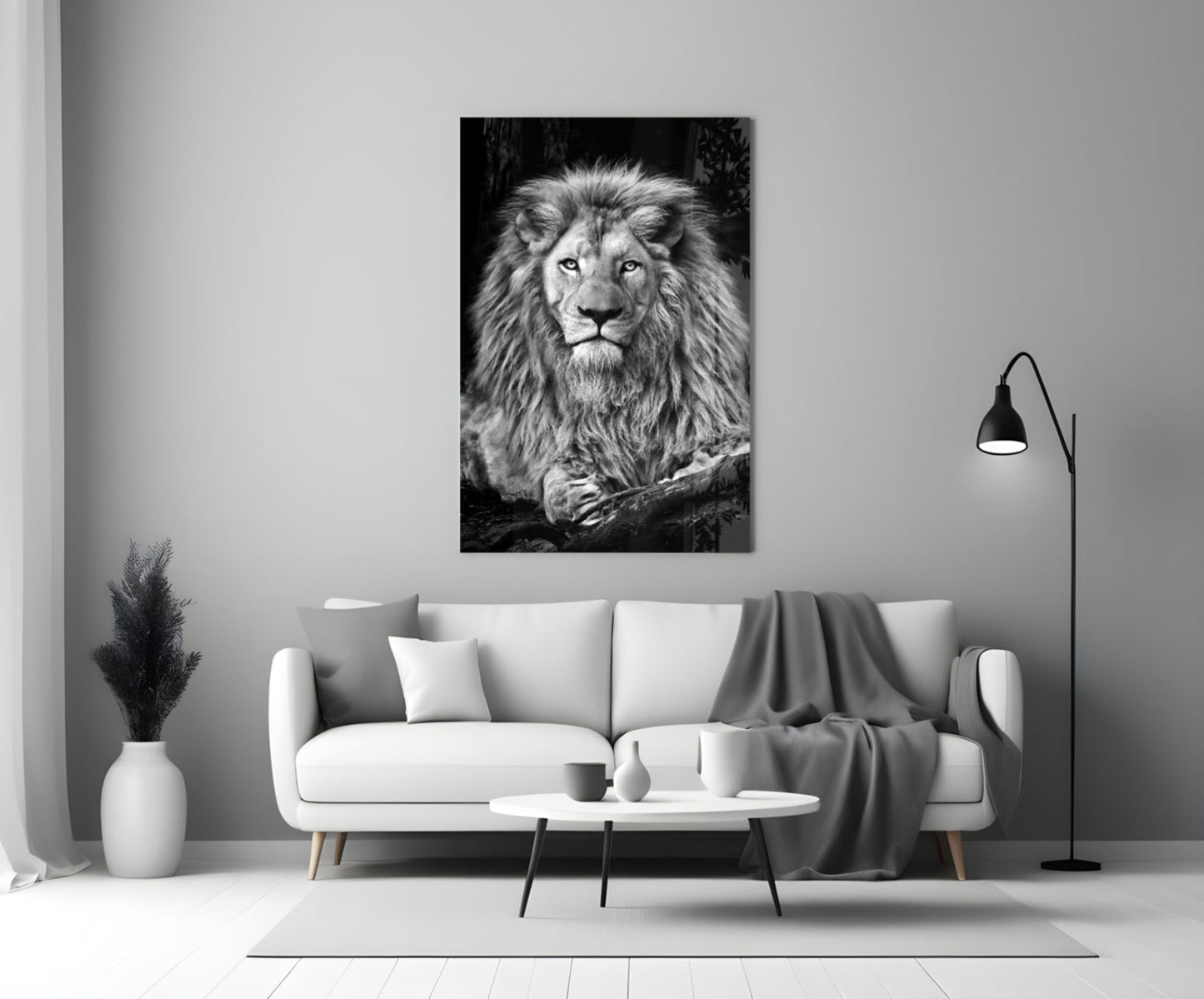 Regal Resting Lion Monochrome Glass Wall Art