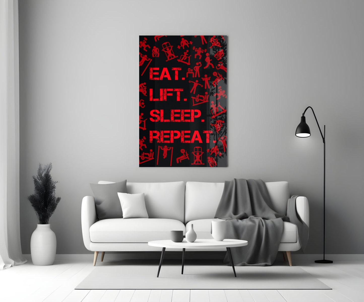Red Gym Icons Eat Lift Sleep Repeat Glass Wall Art