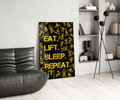 Golden Yellow Fitness Symbols Slogan Glass Wall Art