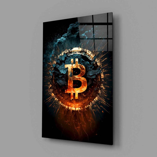 Fiery Cracked Bitcoin Blast Glass Wall Art