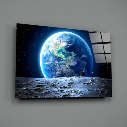 Earth Rise Over Cratered Moon Surface Glass Wall Art