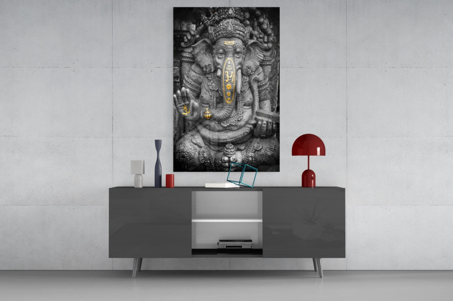 Gold Accented Stone Statue Ganesha Glass Wall Art