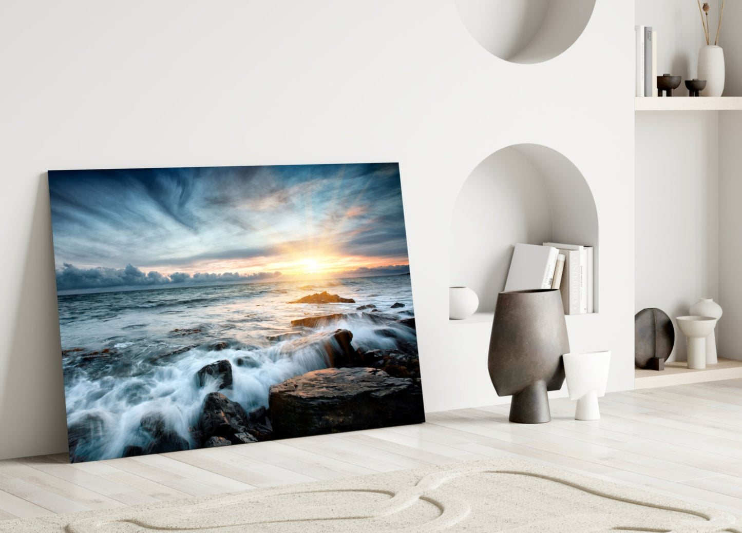 Sunrays Rocky Coast Waves Glass Wall Art