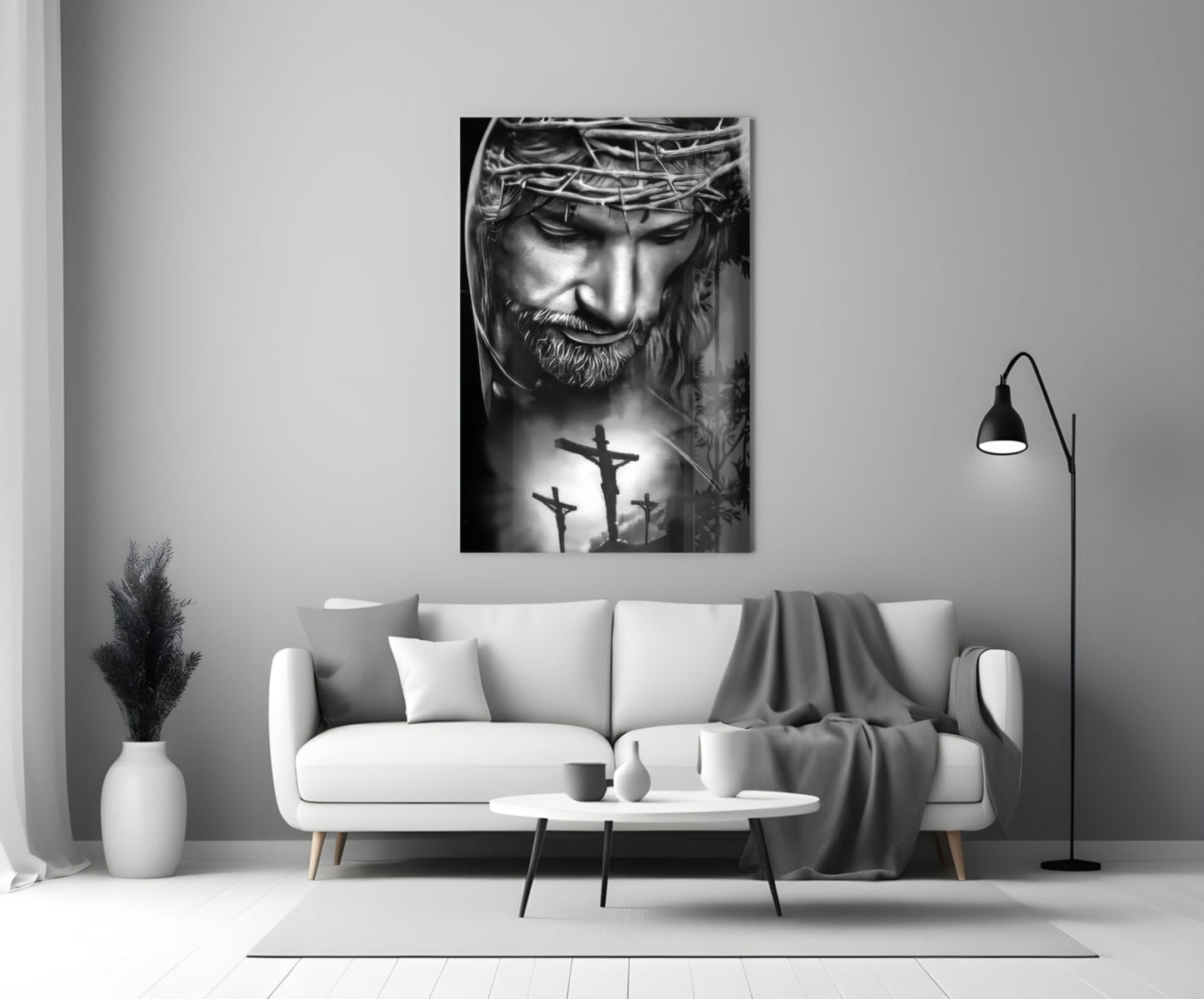 Black and White Crown of Thorns Jesus Glass Wall Art