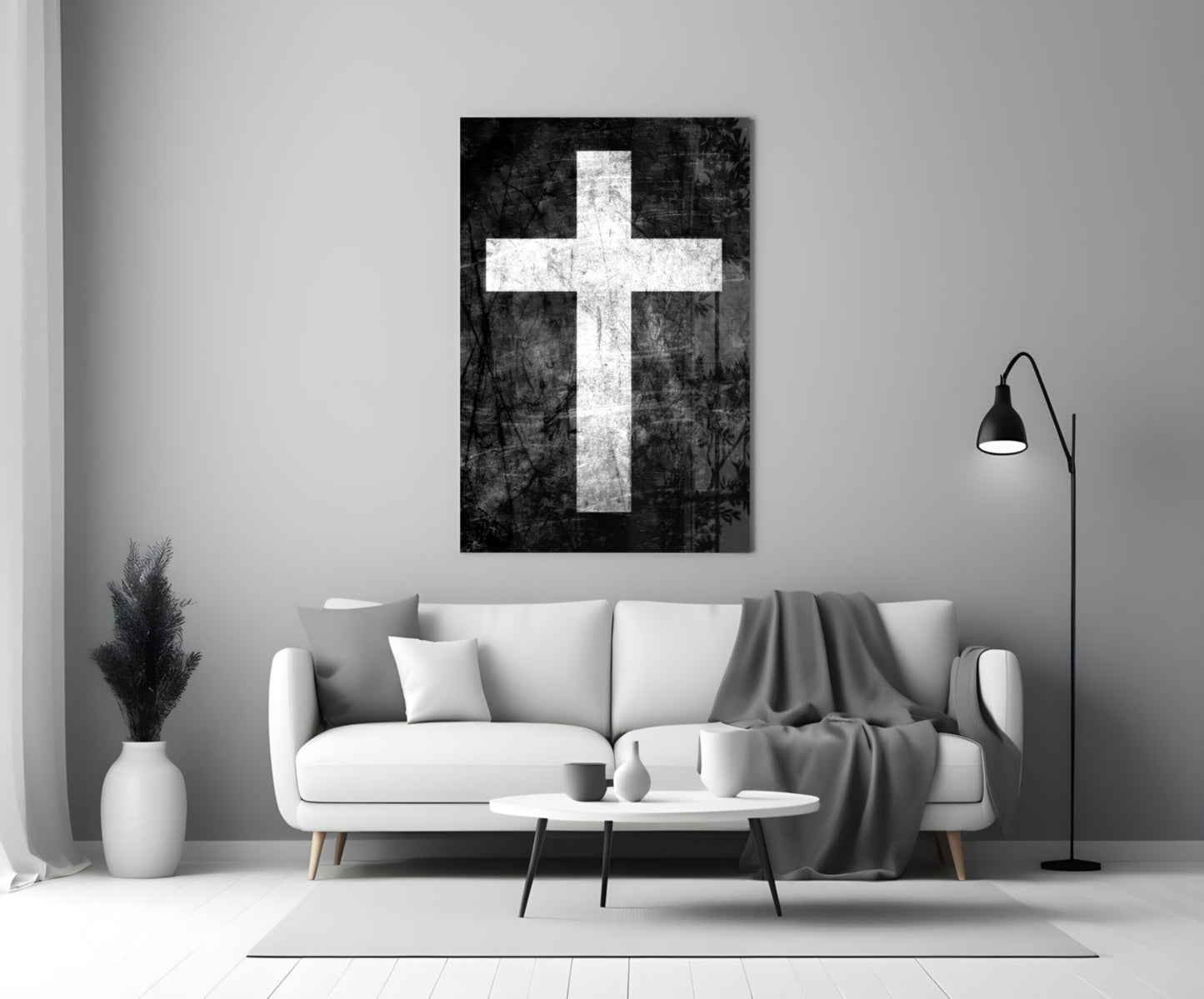 White Chalk Grunge Black Cross Glass Wall Art