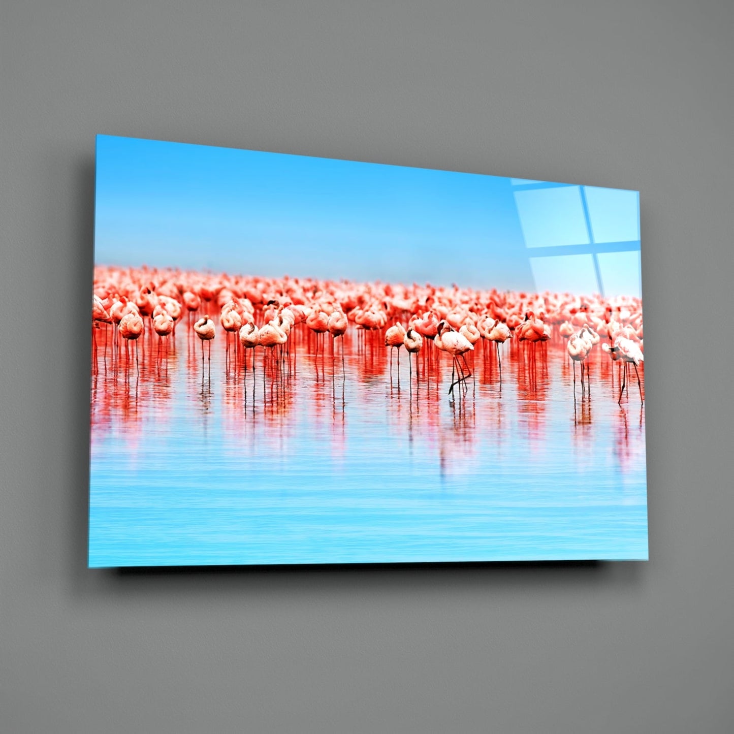 Pink Flock On Blue Lake Flamingos Glass Wall Art