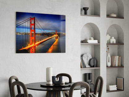 Golden Gate Bridge Night Lights Blue Hour Glass Wall Art