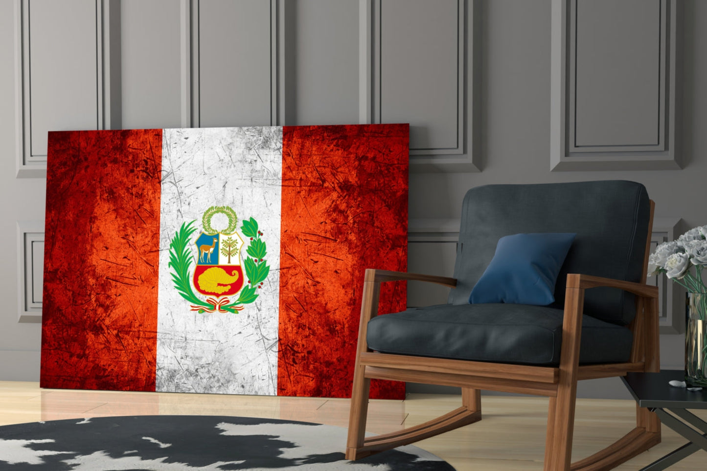 Scratched Orange Red Peru Emblem Flag Glass Wall Art