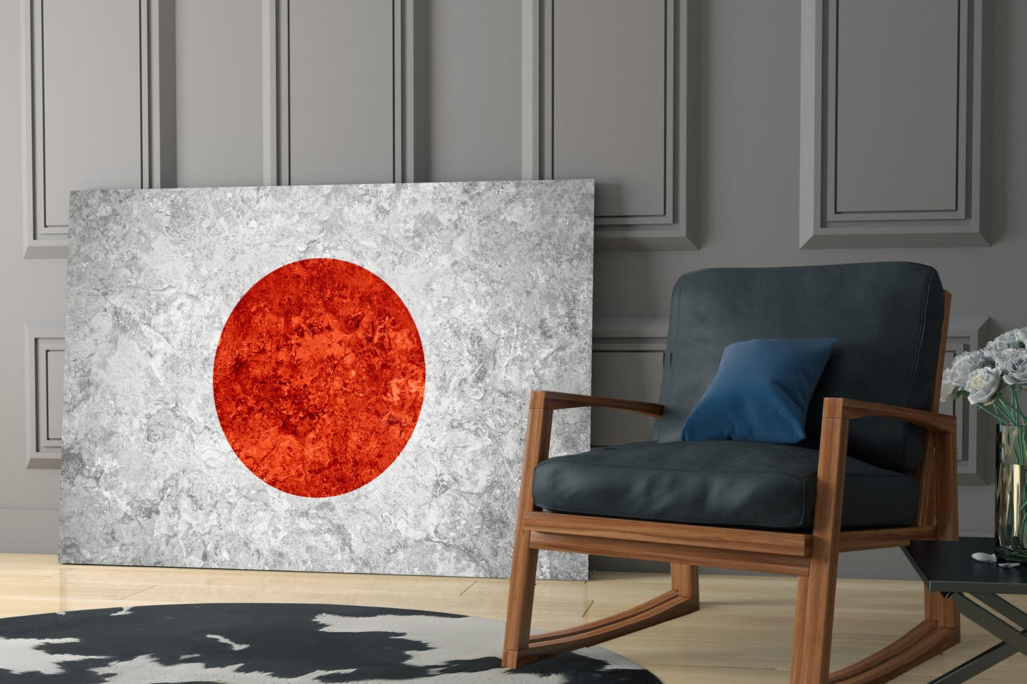 Gray Marble Red Sun Circle Japan Flag Glass Wall Art