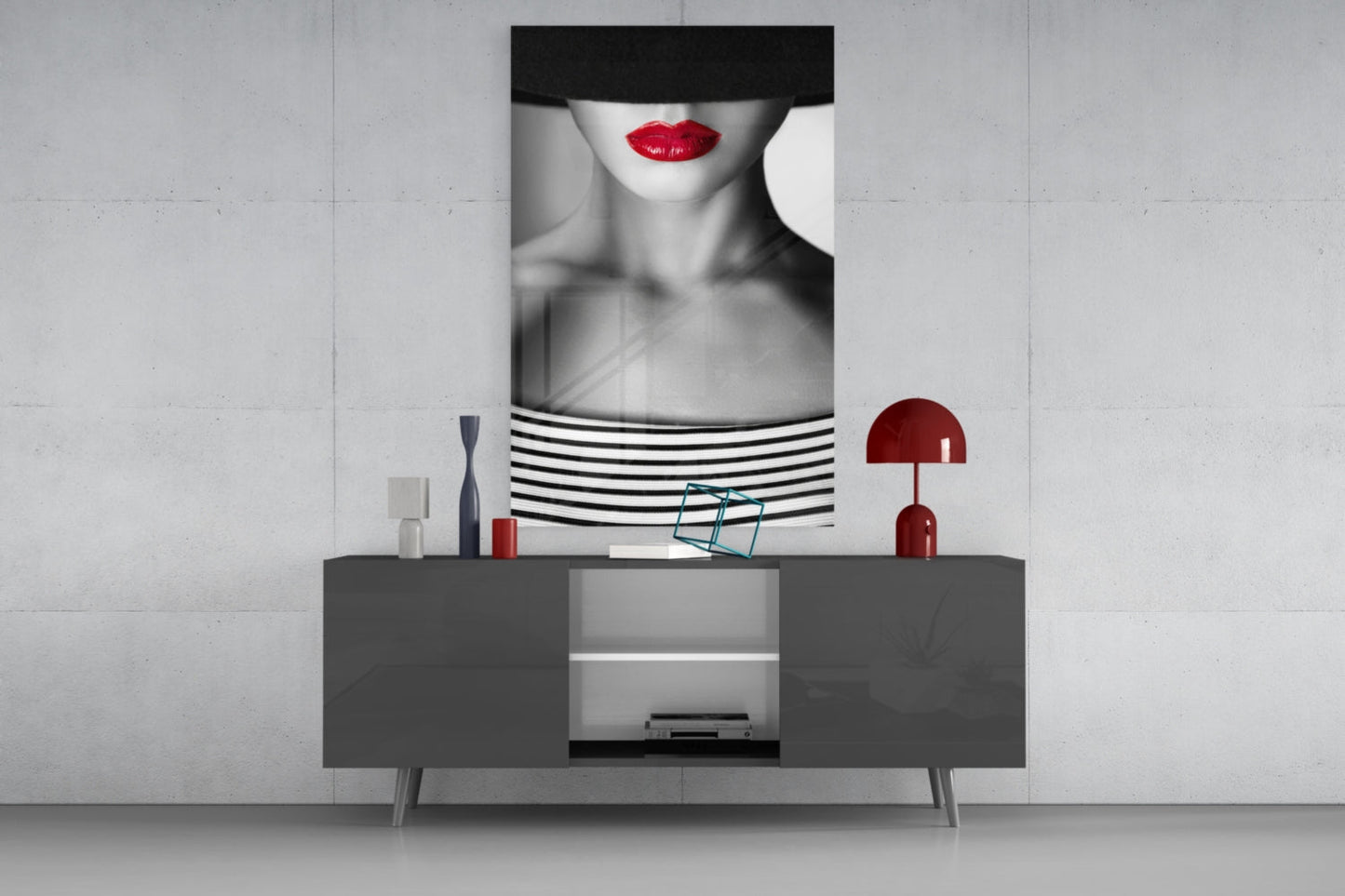 Red Lips Portrait Glass Wall Art