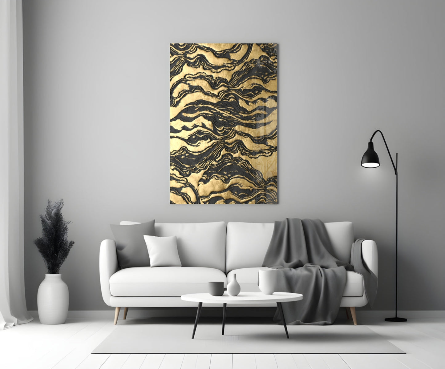 Black Marbled Ripple Golden Waves Glass Wall Art