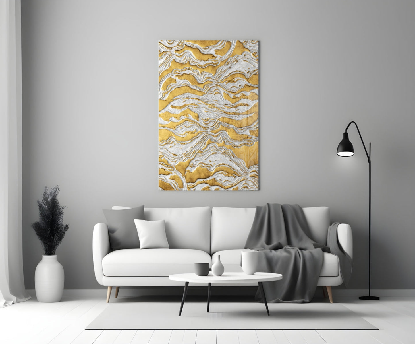 White Relief Ridges Golden Waves Glass Wall Art