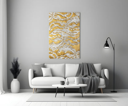 White Relief Ridges Golden Waves Glass Wall Art