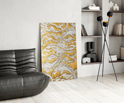 White Relief Ridges Golden Waves Glass Wall Art