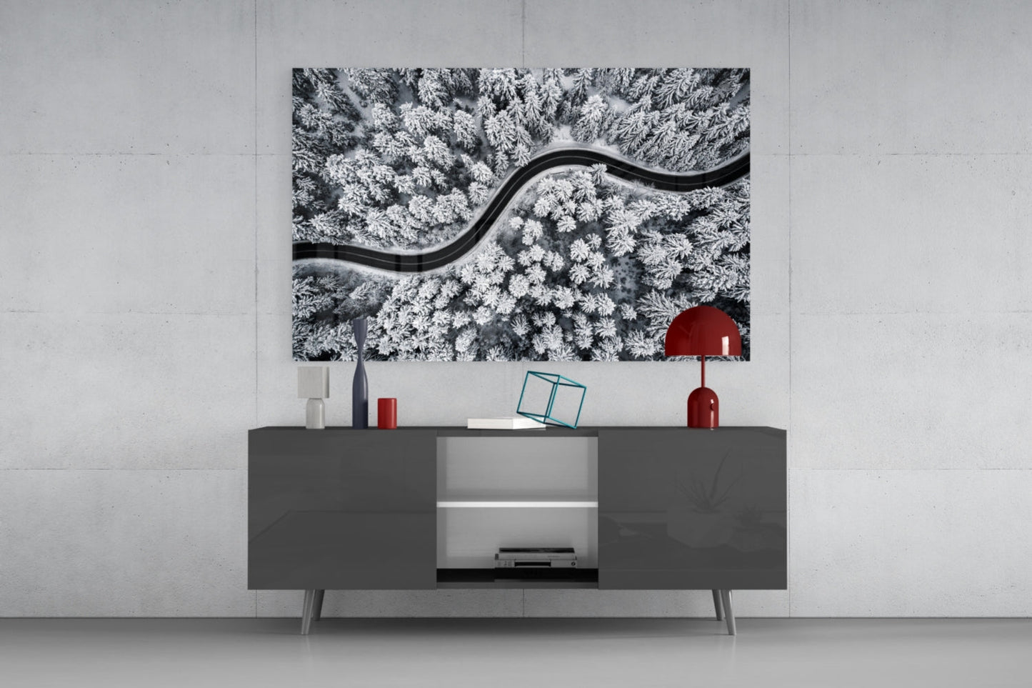 Aerial Snowy Forest Winding Road Glass Wall Art