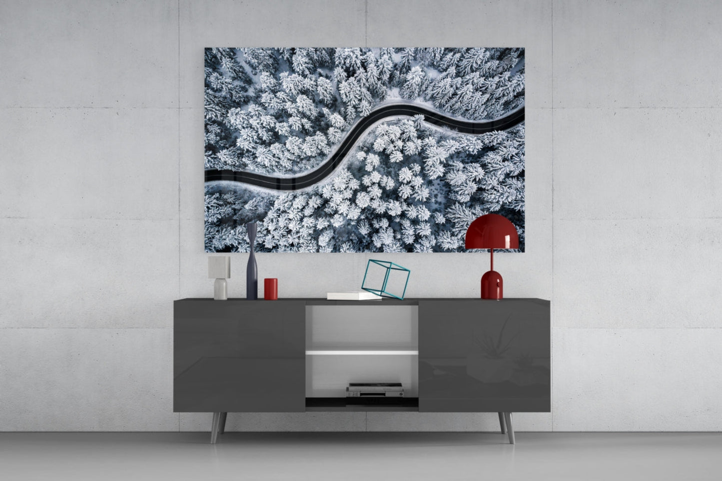 Icy Blue Aerial Snow Forest Road Glass Wall Art