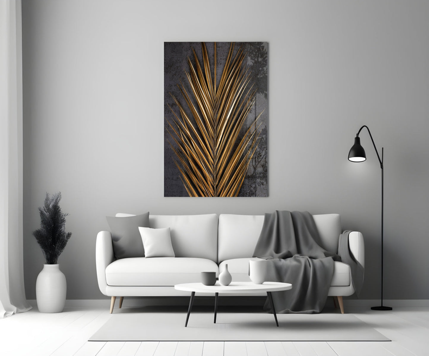 Golden Bronze Palm Frond Areca Bunch Glass Wall Art