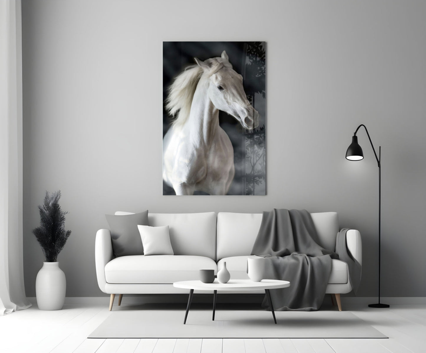 Flowing Mane White Stallion Glass Wall Art