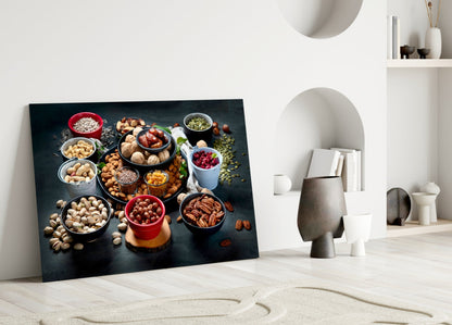 Assorted Nuts and Pistachios Dark Table Glass Wall Art