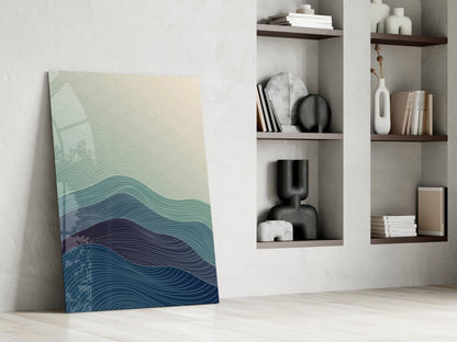 Line Art Waves Blue Teal Glass Wall Art