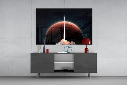 Rocket Launch to Mars Glass Wall Art