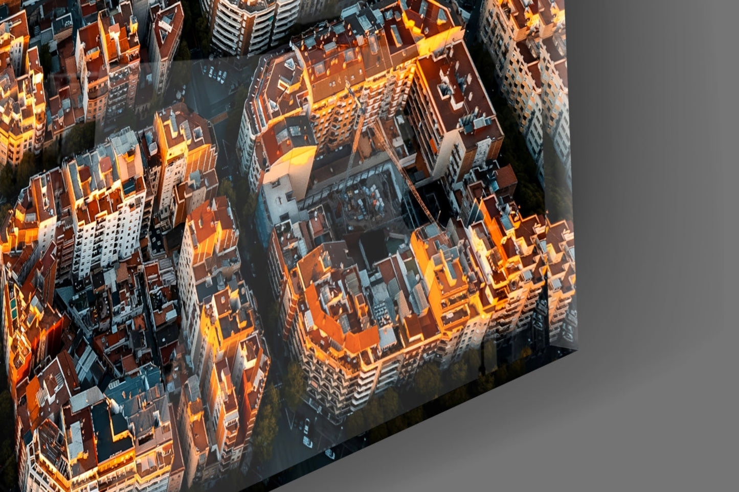 Golden Hour Aerial Barcelona City Grid Glass Wall Art