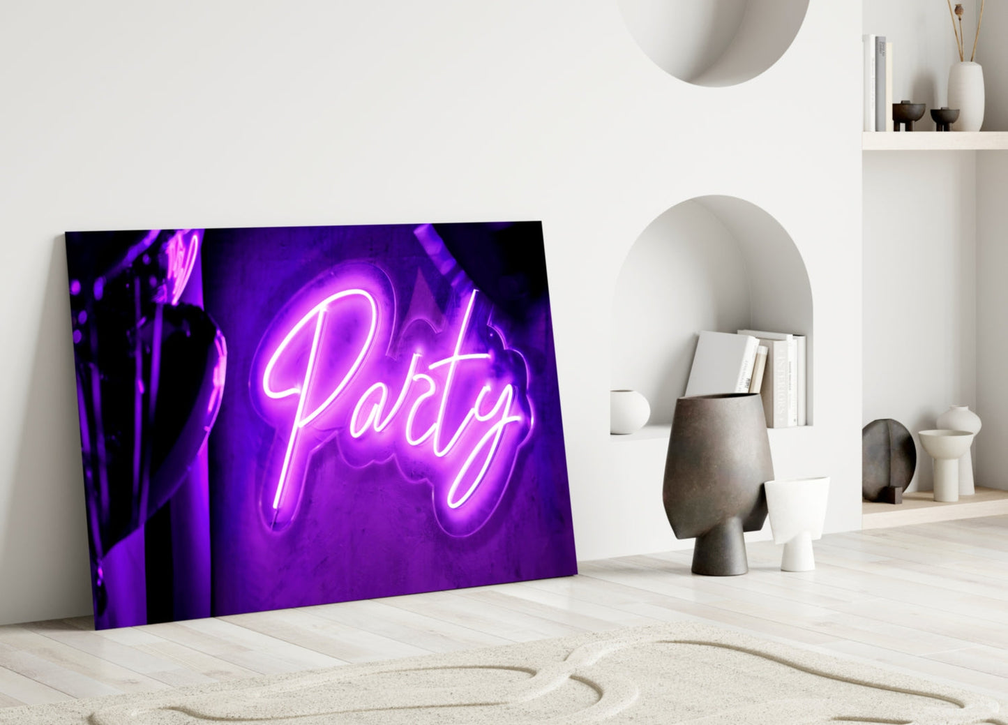 Violet Neon Party Sign Glass Wall Art