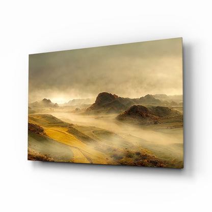Golden Mist Rolling Hills Dawn Glass Wall Art