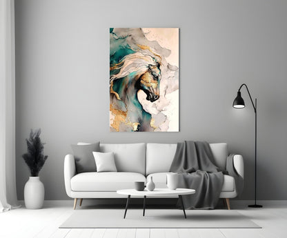 Teal and Gold Marble Horse Glass Wall Art