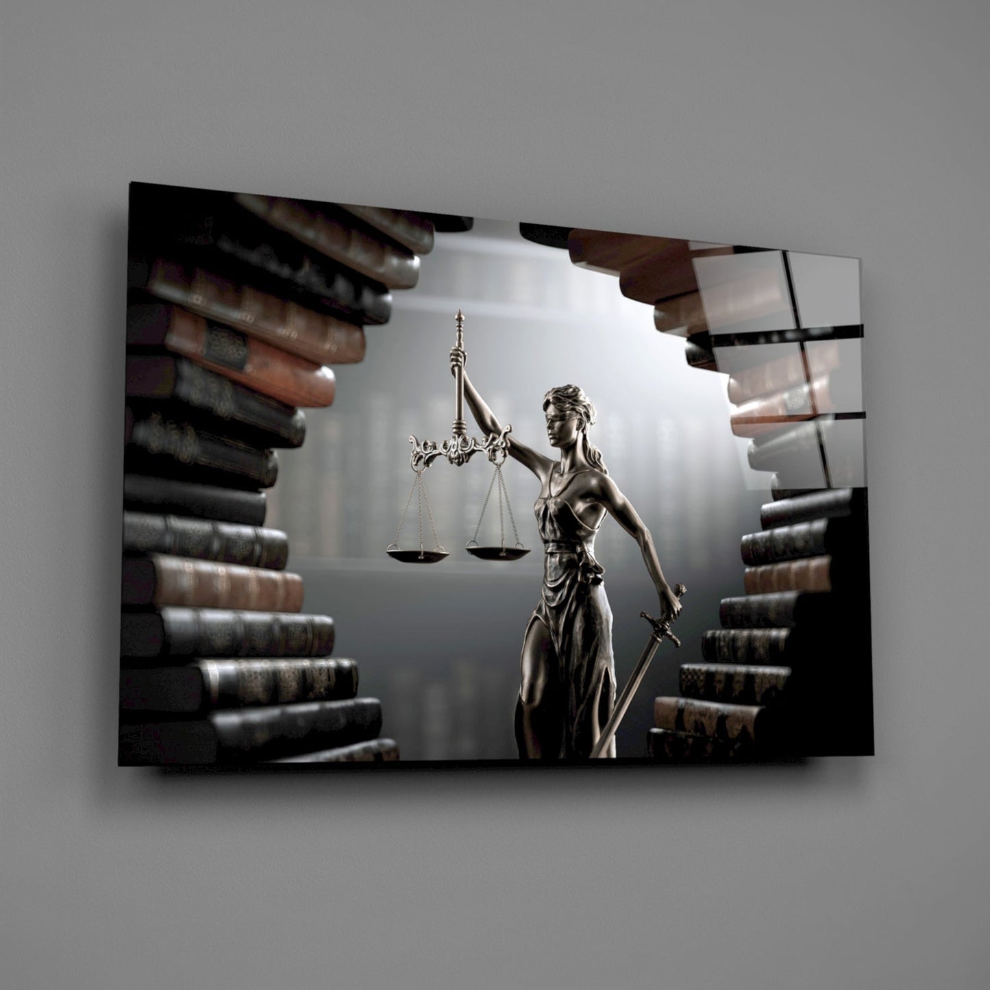Law Book Tunnel Lady Justice Statue Glass Wall Art