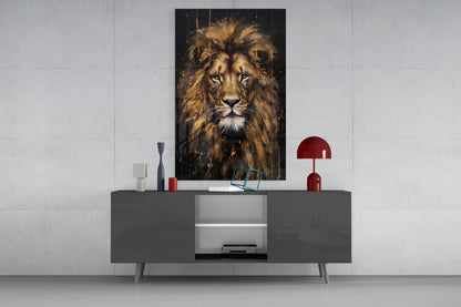 Gilded Paint Drip Lion Glass Wall Art