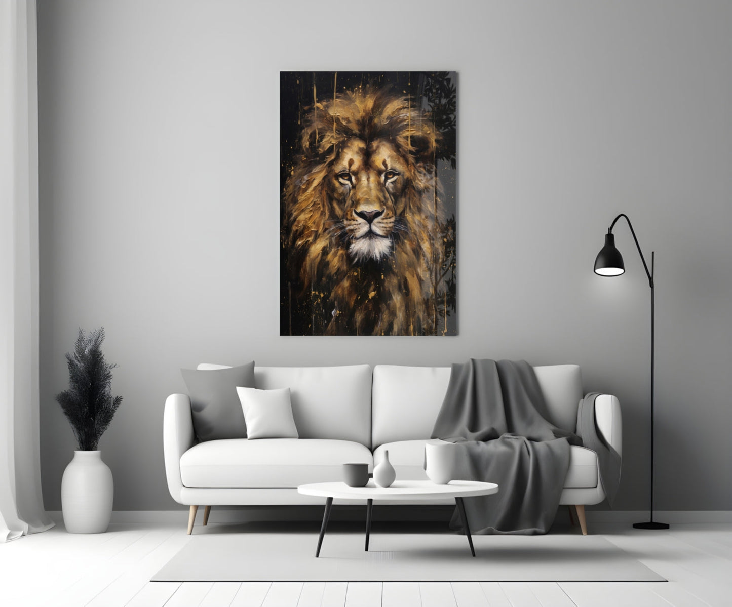 Gilded Paint Drip Lion Glass Wall Art