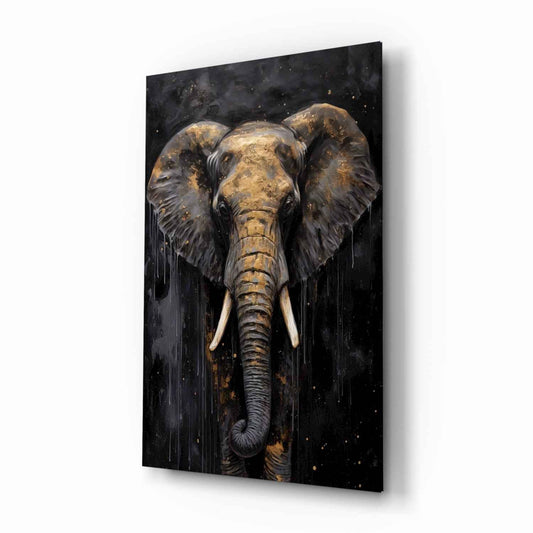 Gold Leaf Elephant Head Black Glass Wall Art