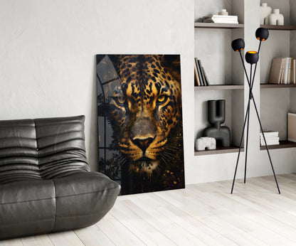 Fierce Golden Leopard Glass Wall Art