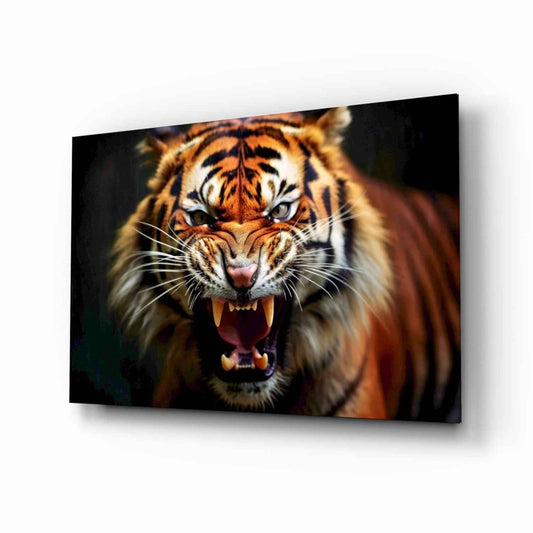 Snarling Fanged Tiger Glass Wall Art