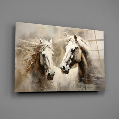 Two White Horses Beige Glass Wall Art