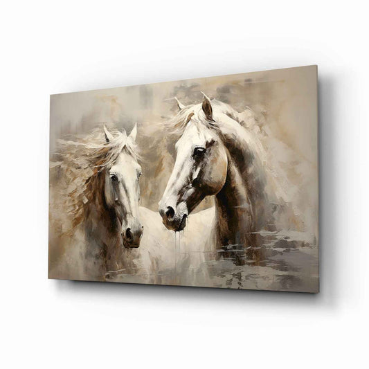 Two White Horses Beige Glass Wall Art
